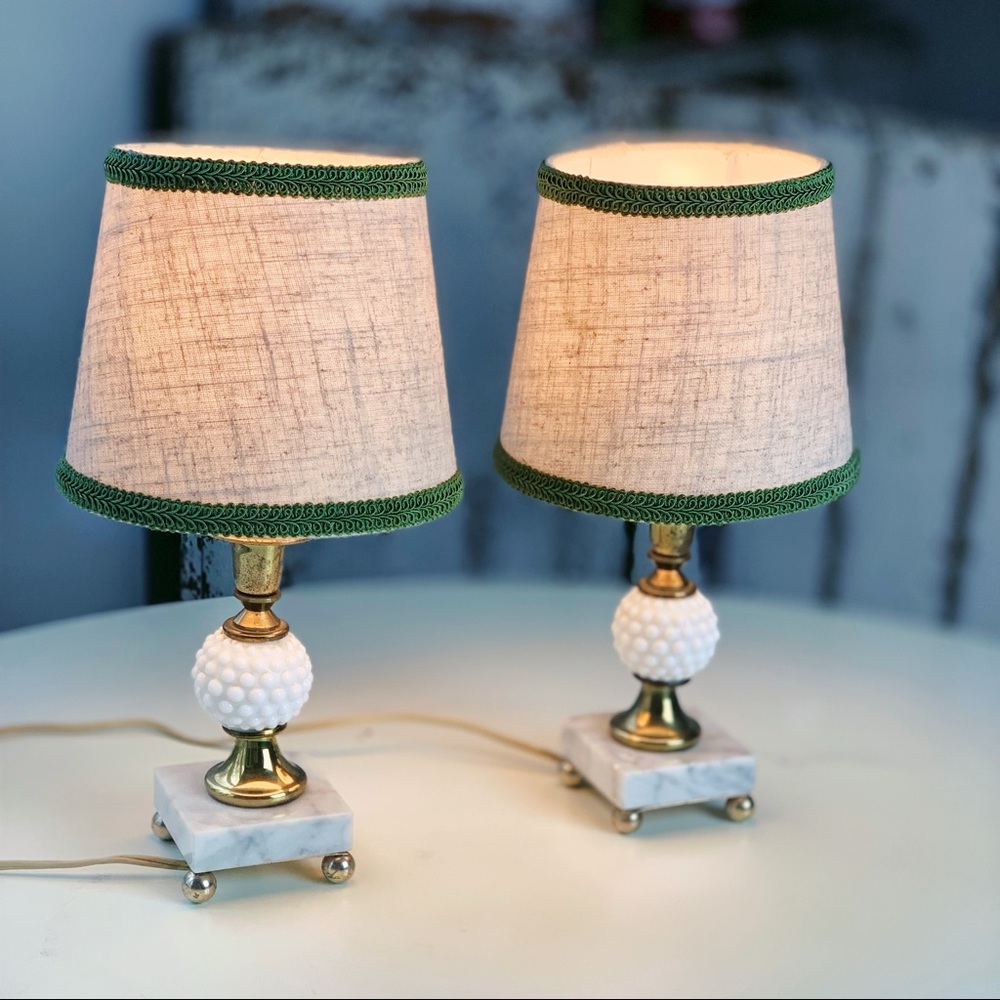 2 vintage marble, gold, milk glass hobnail lamps/ shades vanity, dresser H- 13”